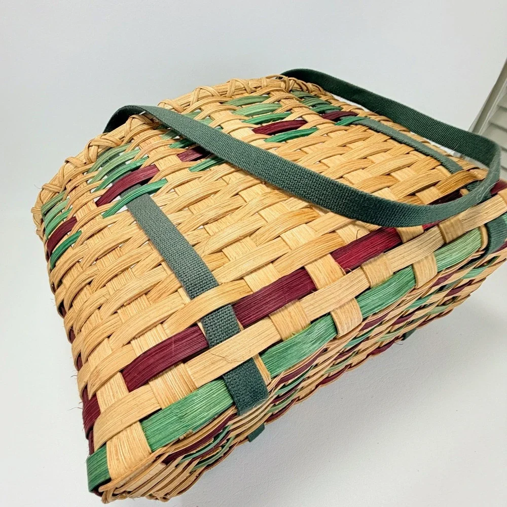 Vintage Woven Wicker Basket with Cloth Handles Tan Green Burgundy